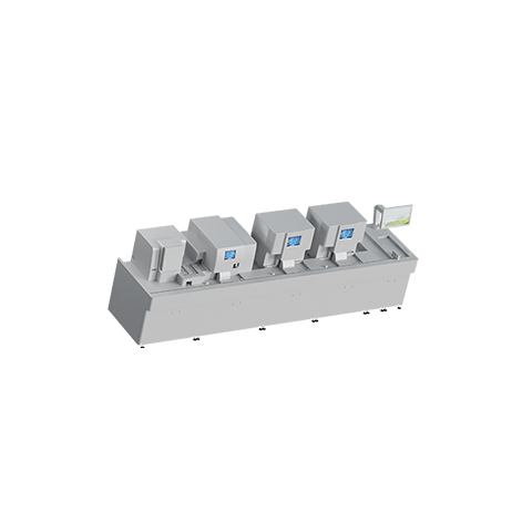 3D rendering of a desk with three component testing machines attached as well as a computer monitor.